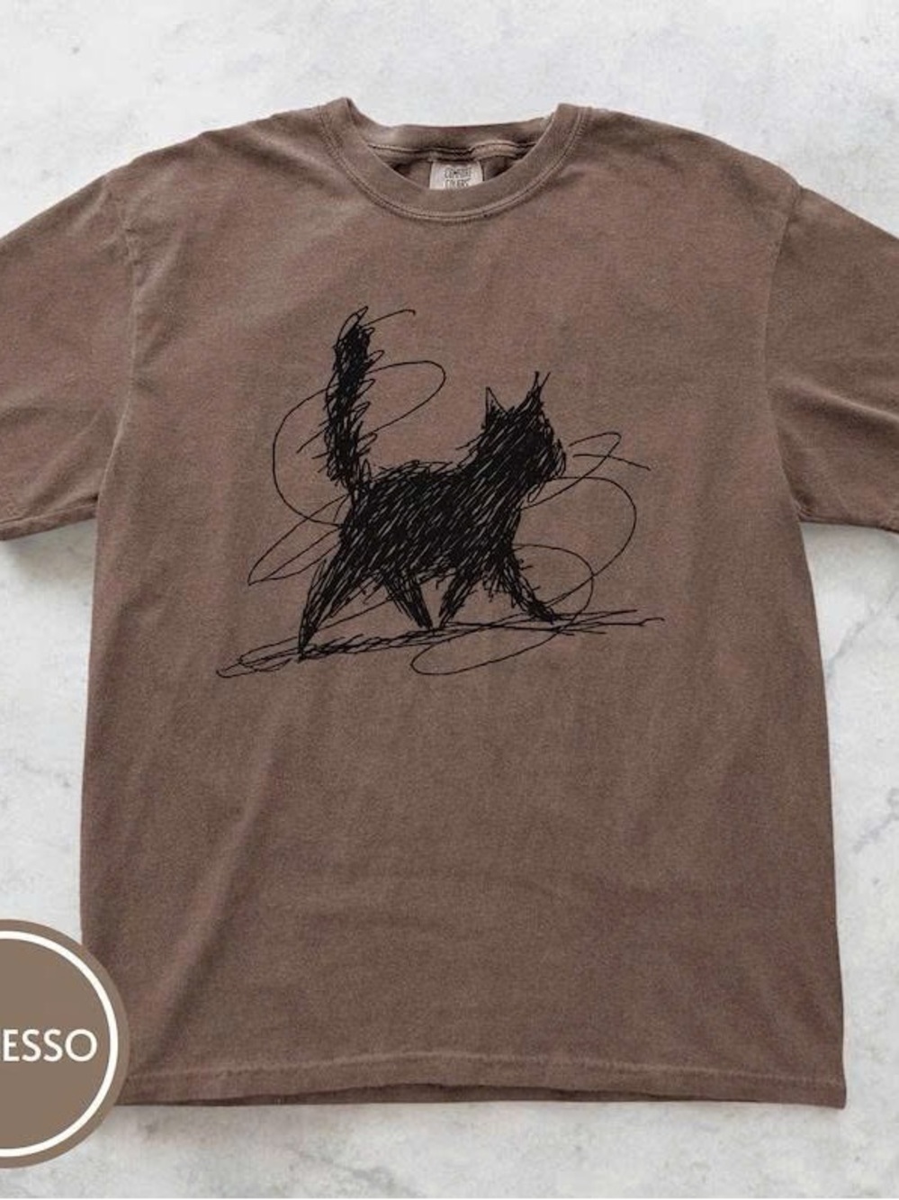 Brown Short Sleeve Tee with Black Cat Sketch